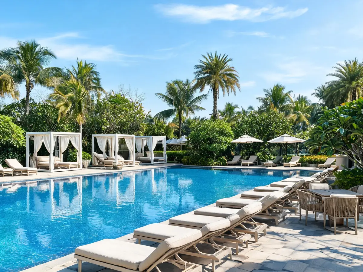 Hotel resort poolside with custom OEM outdoor furniture by Hiway Trade