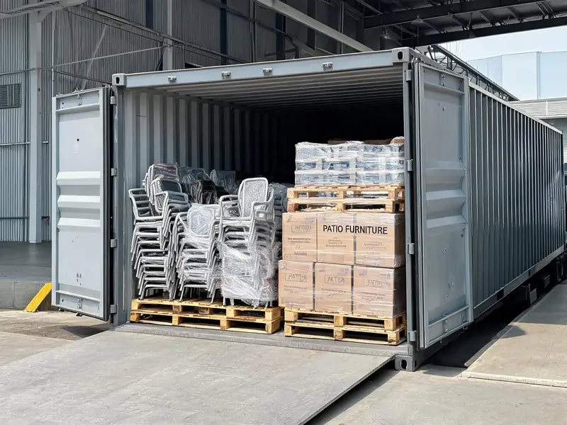 Shipping container loaded with outdoor furniture boxes and pallets at a Chinese factory dock