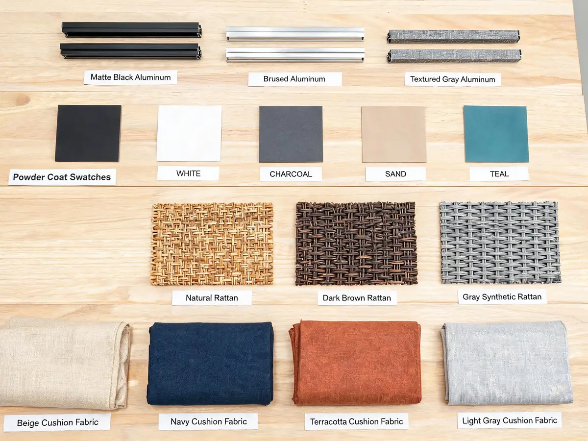 Custom outdoor furniture material samples including frame finishes, fabric swatches and rattan options