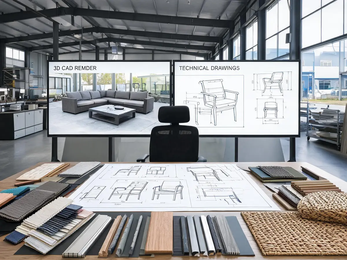 Outdoor furniture OEM ODM design team reviewing custom patio furniture plans
