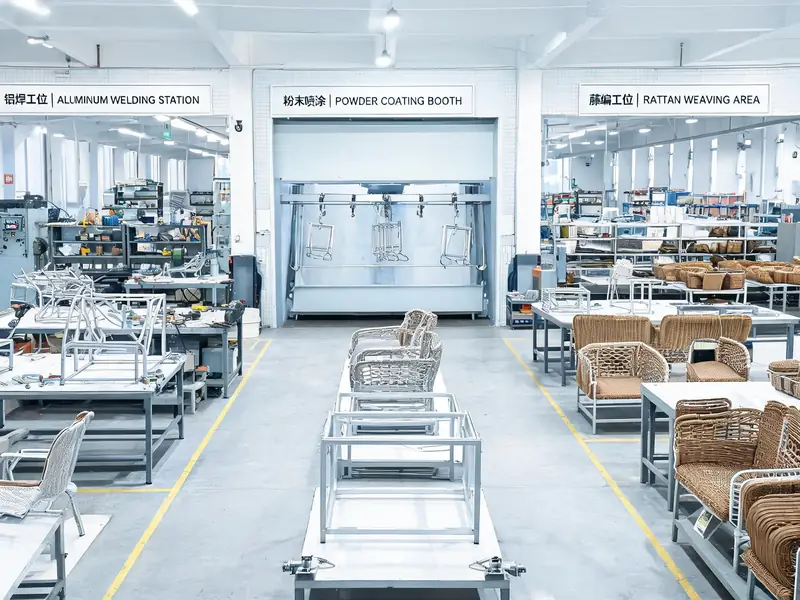 Outdoor furniture production line in a Chinese factory with welding and assembly stations