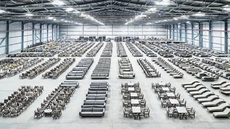 Wholesale outdoor furniture warehouse in China with organized rows of patio furniture ready for export