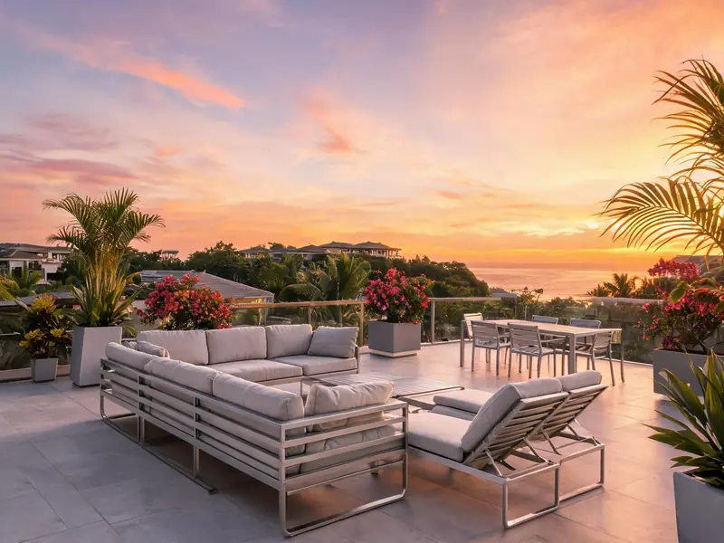 Premium outdoor patio furniture set at a resort showcasing the final product quality