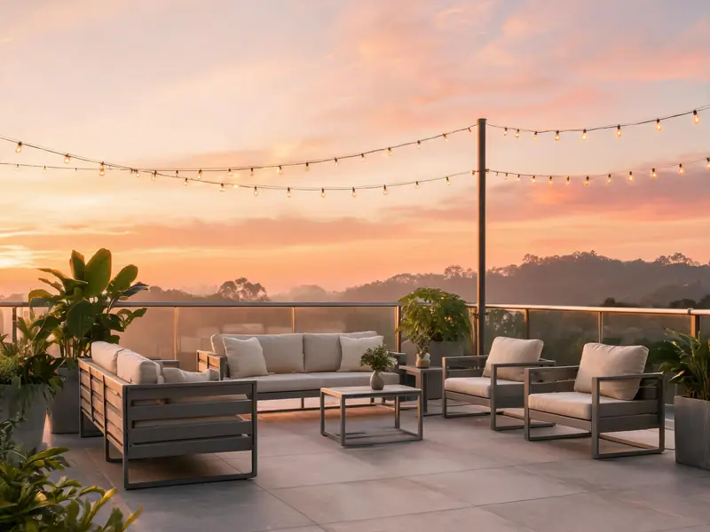 Beautiful patio setting with aluminum outdoor furniture at sunset