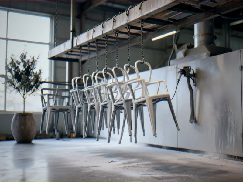 Powder coating booth in an outdoor furniture factory