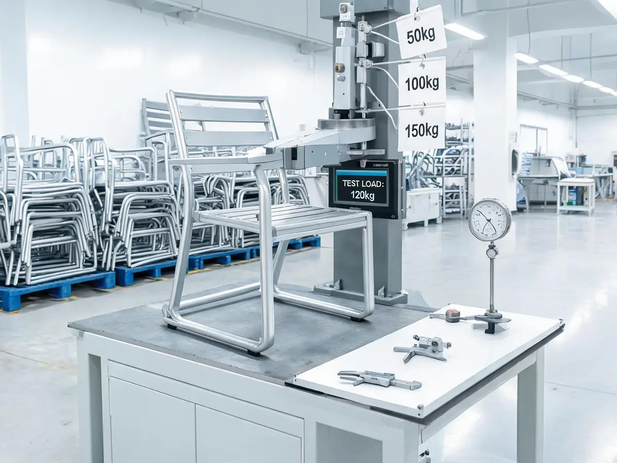 Quality control testing station in outdoor furniture factory with precision tools