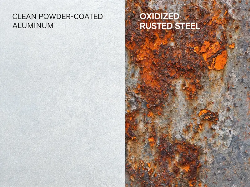 Rust comparison between aluminum surface and oxidized steel surface