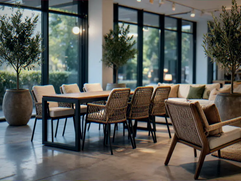 Outdoor furniture showroom displaying premium patio furniture sets