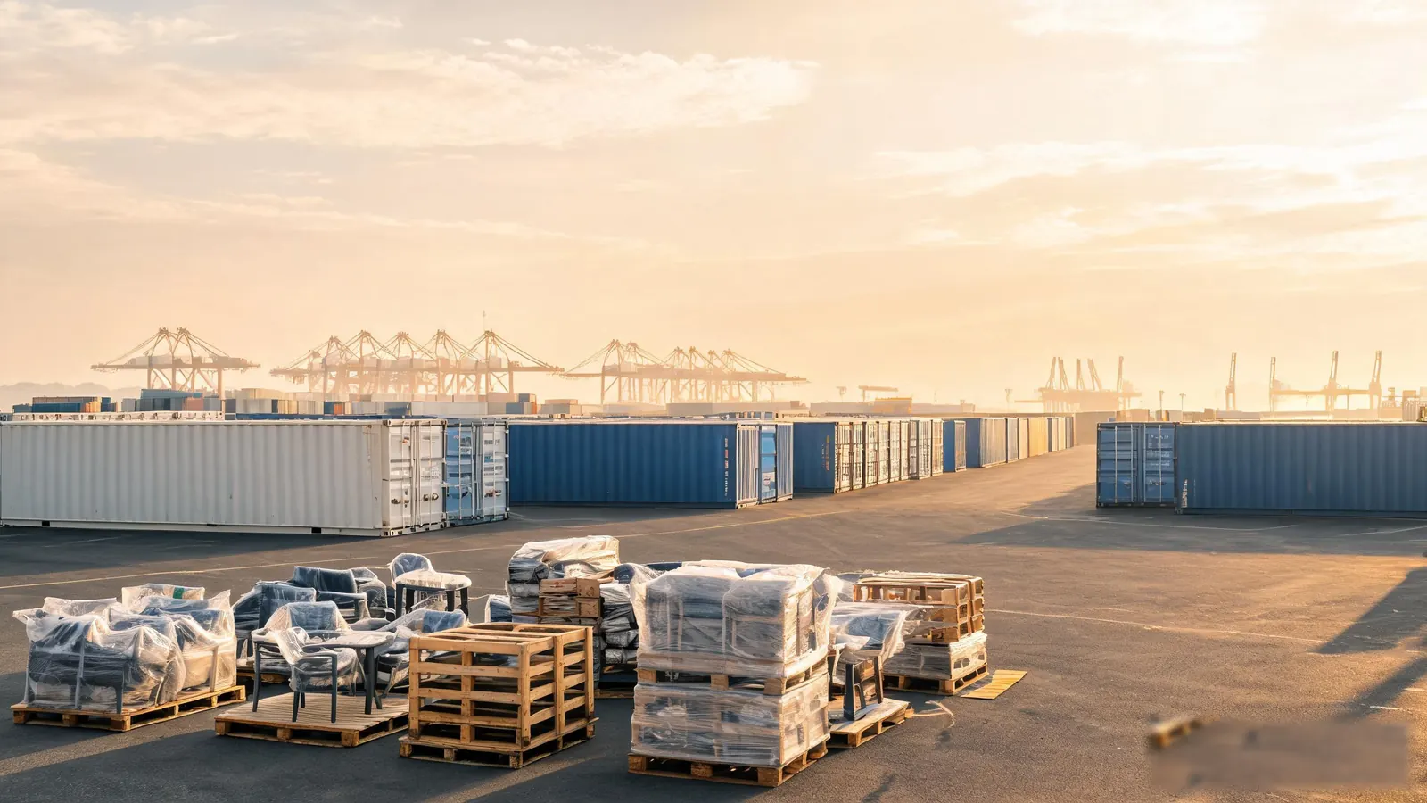 Importing outdoor furniture from China in sealed export containers at a Chinese port