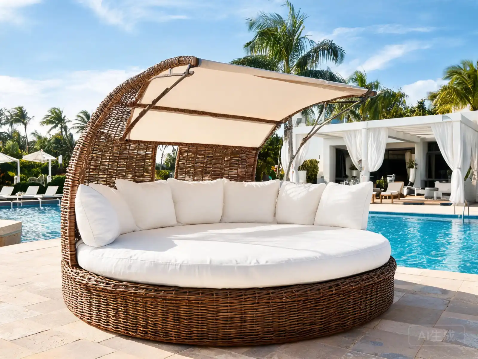 Outdoor pool daybed with retractable canopy and curtains