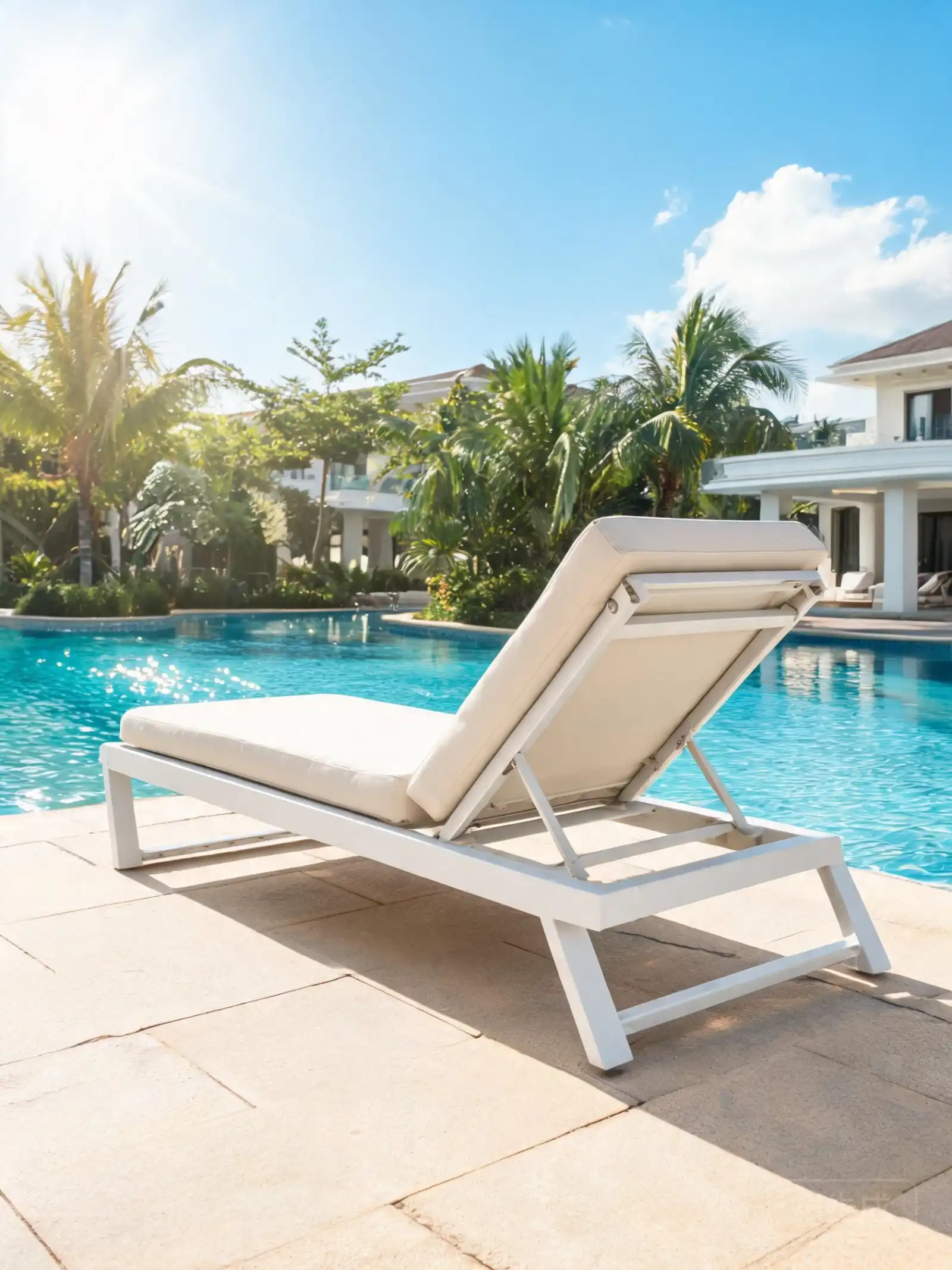 Commercial sun loungers arranged on a resort pool deck