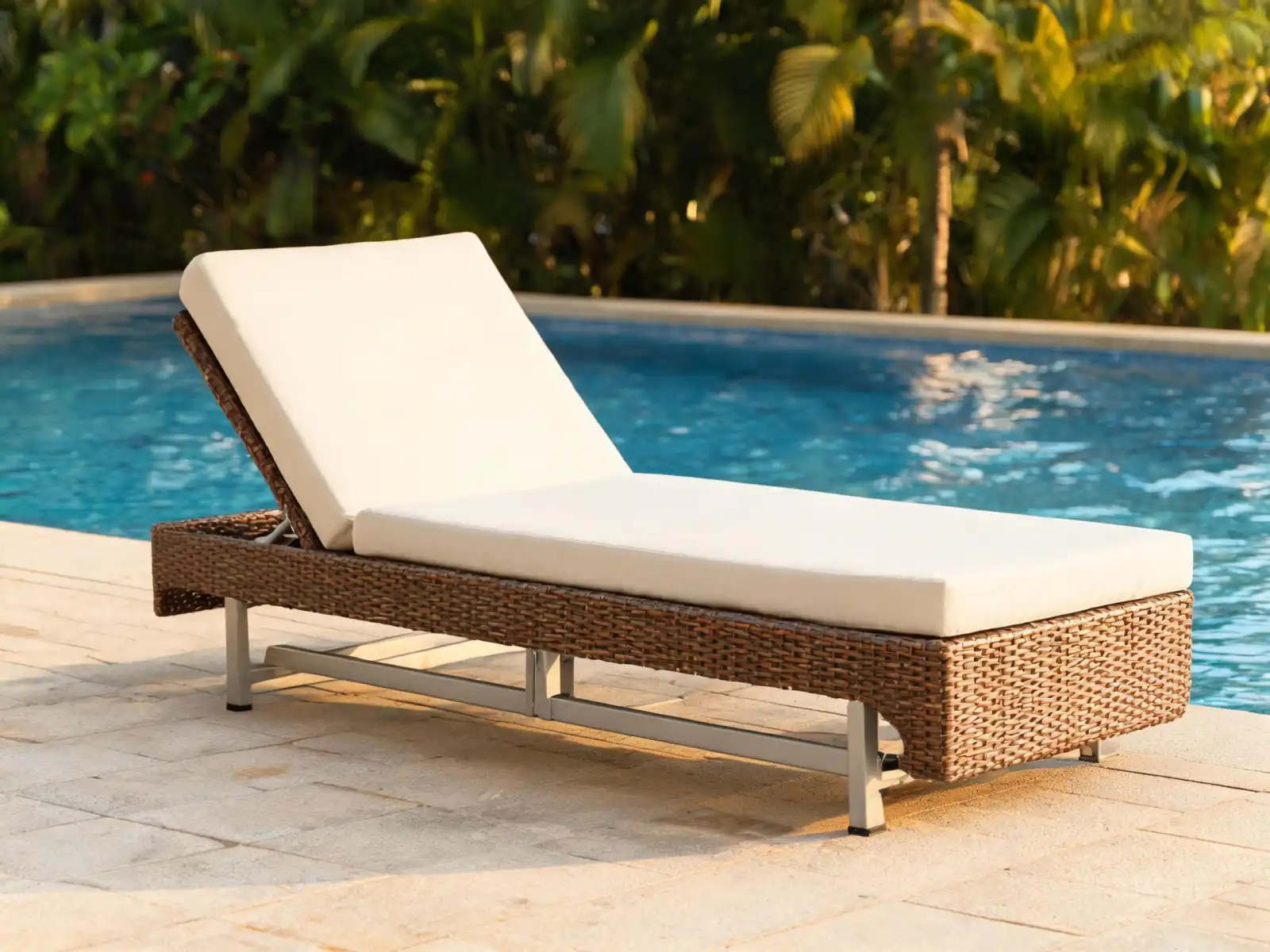 Woven rattan outdoor recliner with cushion for poolside