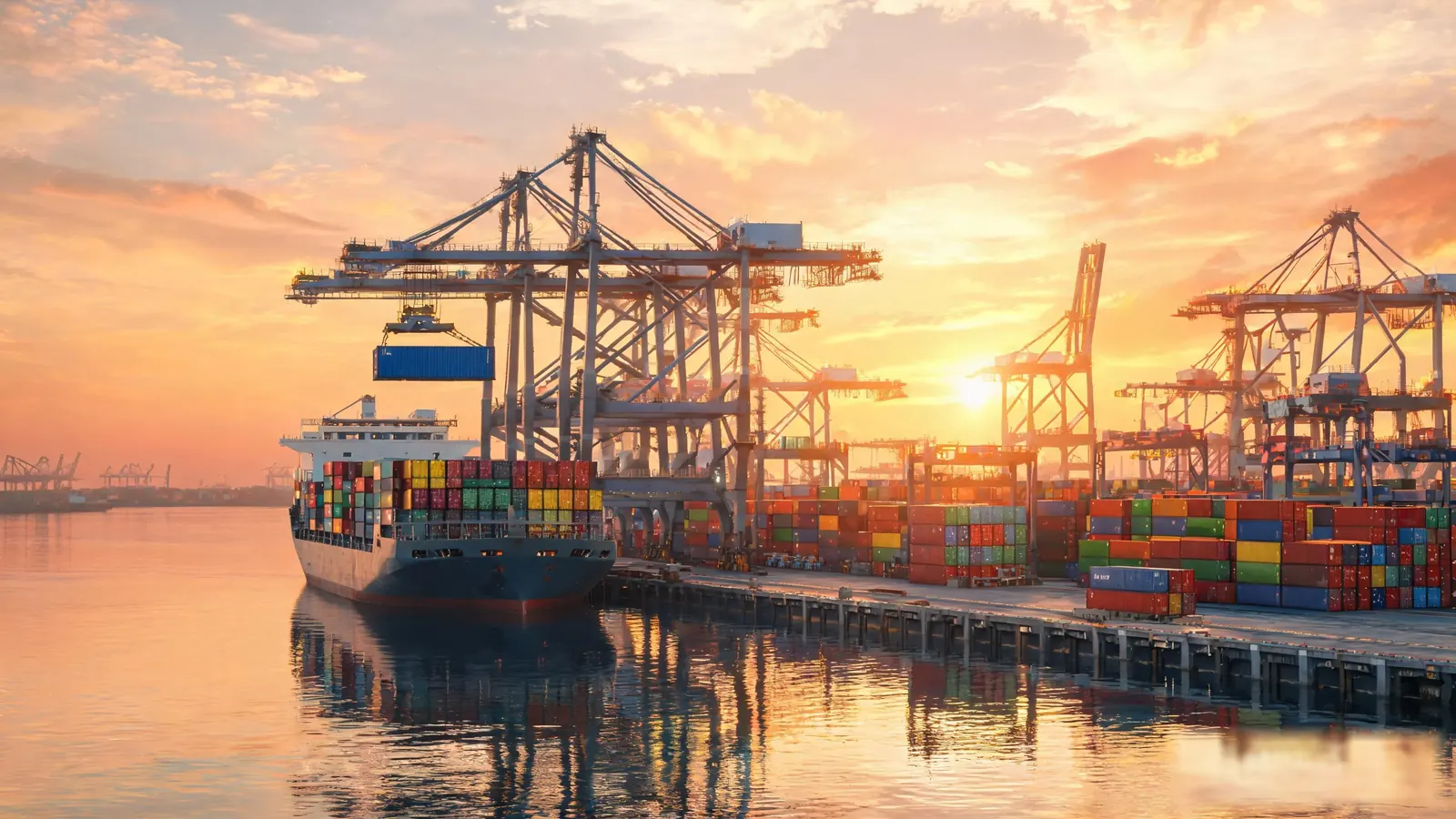 Container cranes loading outdoor furniture export shipment at dusk