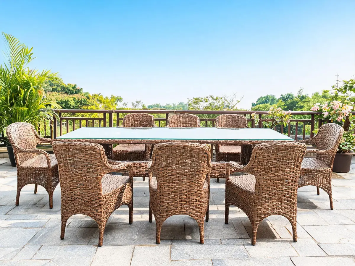 Rattan outdoor dining set with glass top table and six chairs