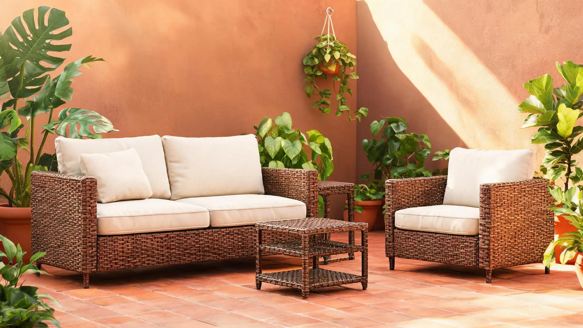 Rattan garden furniture manufacturer - PE rattan sofa set with cream cushions on patio