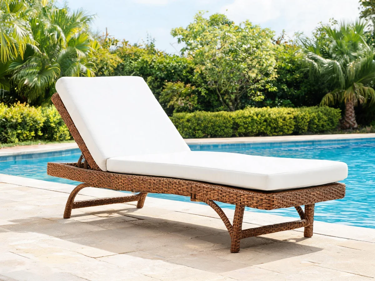 Adjustable PE rattan sun lounger by poolside with cushion