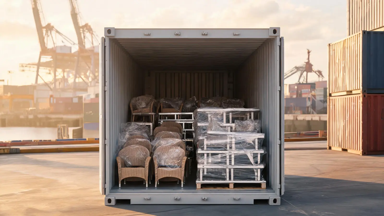 Shipping container loaded with outdoor furniture at port